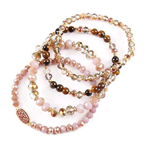 RIAH FASHION Bohemian Acrylic Druzy Multi-Layer Bead Statement Bracelet - Versatile Faux Stone Pendant Stretch Strand Stackable Cuff Bangle Set Sparkly Crystal - color: Oval Acrylic Druzy - Purple