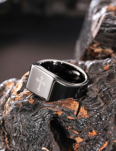 King Will Men's Tungsten Signet Rings Thumb Pinky Biker Band Ring For Men High Polished Plain Wedding Statement Ring Comfort Fit Size 7-12 - color: Cross-Silver