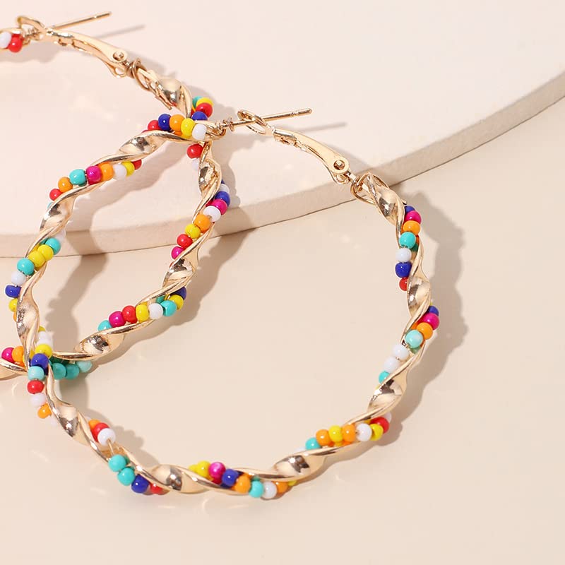 2 Pairs Bohemian Colorful Beads Circle Round Hoop Earrings Gold Hoop Dangle Earrings for Women Vintage Boho Jewelry - color: thin