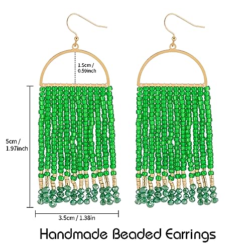Bohemia Beaded Dangle Earrings - Handmade Seed Bead Earrings, Statement Beaded Tassel Earrings for Women - color: Dark Green