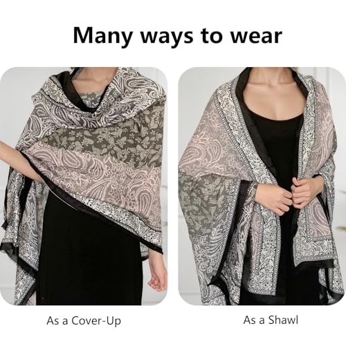 Paisley Pashmina Feel Shawls Wraps for Women Rave Scarf Soft Silky Exotic Boho All Seasons - color: Grey Pink