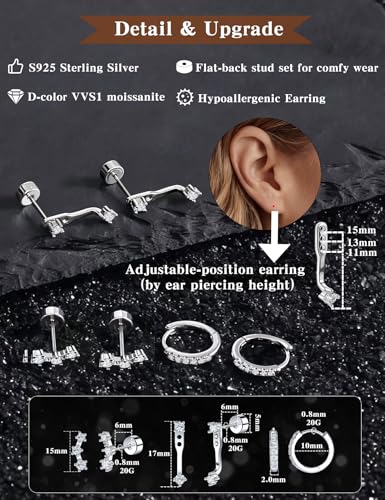 Moissanite 925 Sterling Silver Flatback Stud Jacket Earring Stacks 3 Pairs | Cartilage Earrings Set Hypoallergenic Trendy Small Earrings Earrings Set Dainty Earrings - color: 18K White Gold