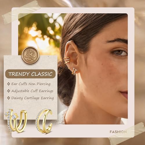 Florideco 4 PCS Ear Cuffs Non Piercing Hypoallergenic 14K Gold Plated Ear Cuff Earrings for Women Trendy CZ Clip On Cartilage Earring Set Dainty Adjustable Fake Piercings Earrings - color: Classic: 14K Gold Plated