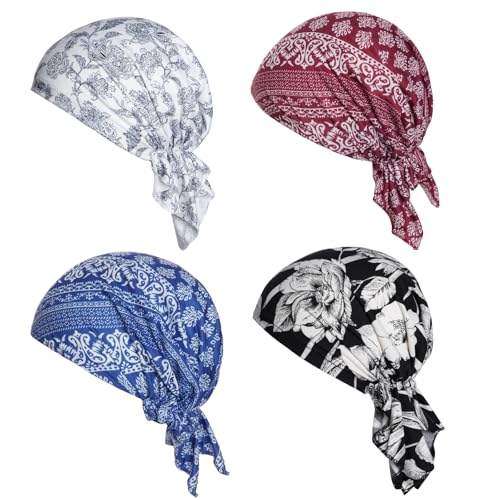 4pcs Pre-Tied Chemo Head Scarf Beanie Covers Cap Head Scarves Sleep Turban Hat Women Bandana with Stretch Print Ruffle - color: Blue