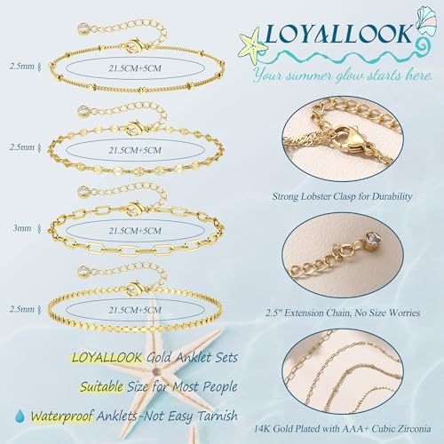 LOYALLOOK Ankle Bracelets for Women Waterproof, 14K Gold Plated Cuban Figaro Link Chain Beaded Anklets Set, Dainty Layered Anklets for Women Non Tarnish Summer Beach Foot Jewelry Adjustable Size - color: 4Pcs Anklets-14K Gold