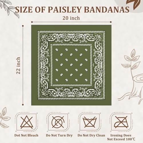 12 Pack Bandanas Unisex Paisley Cowboy Bandanas Bulk Multi Purpose Headband Scarf for Men Women Costume - color: Olive Green, style: Classic