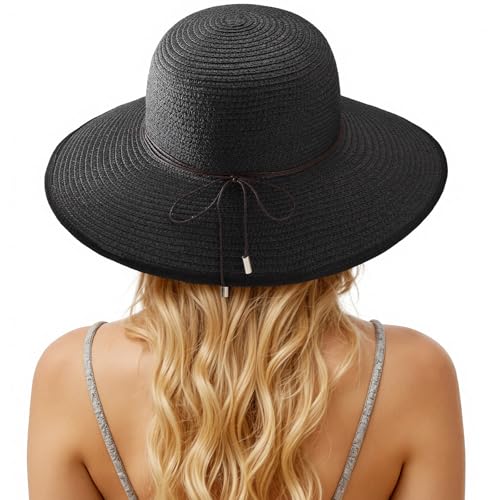 Sun Hats for Women, Straw Hats UPF 50+ Sun Protection, Wide Brim Womens Beach Hat for Summer Travel - color: Black