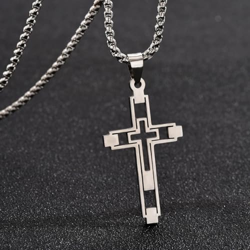 Bohemian style hollow fashion double cross stainless steel pendant necklace, suitable for men and women for daily casual fashion party gatherings religious amulets jewelry accessories gifts - color: Color: Silver