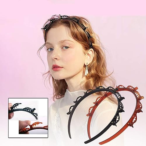 Double Layer Twist Plait Black Headband Hair Tools, Double Bangs Hairstyle Hairpin, Multi-Layer Hollow Woven Headbands, Hairband with Alligator Clip (Black) - color: Black