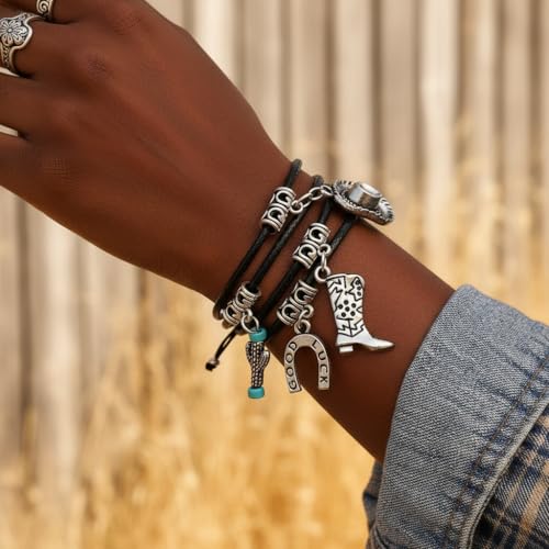 Western Outfit for Women Bohemian Vintage Stackable Turquoise Bracelet Rustic Beaded Cow Head Charm Stretch Bracelet Western Jewelry Country Concert Outfits for Women - style: Style5