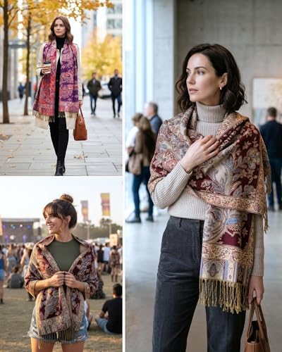 Achillea Elegant Paisley Floral Pashmina Shawl and Wrap – Boho Rave Scarf for Festival, Travel & Everyday Wear - color: Wine Blue