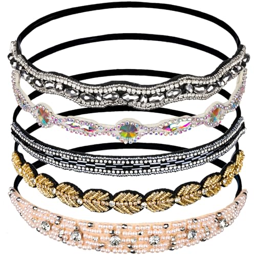 Teenitor 5pcs Elastic Rhinestone Beaded Headbands, Jeweled Head Bands for Women's Hair, Hair Headbands Hat Bands for Women Girls