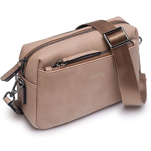 Alldaily Small Triple Zip Crossbody Purse for Women, Vegan Leather Phone Bag with Wide Shoulder Strap - color: Beige
