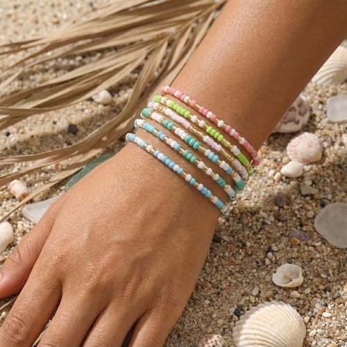 14K Gold Plated Beaded Bracelets Stack Set for Women,Stretch Boho Colorful Beads Ball Jewelry Friendship Summer Trendy - color: Blue