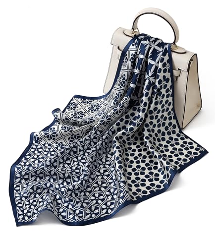 STARWHISPER 100% Pure Mulberry Silk Square Scarf-27''x27 Lightweight Hair Scarves Headscarf Night Sleeping with Gift Packed - color: Navy Bloom Mix