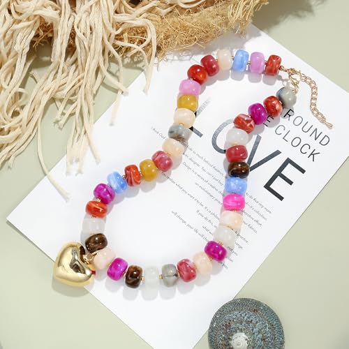 Elegance 11 designs Chunky Heart Necklace for Women, Colorful Acrylic Beaded Statement Puff Heart Necklace, Cute Boho Y2K Choker Necklace for Gift Jewelry - color: Gold Heart Pendant Necklace