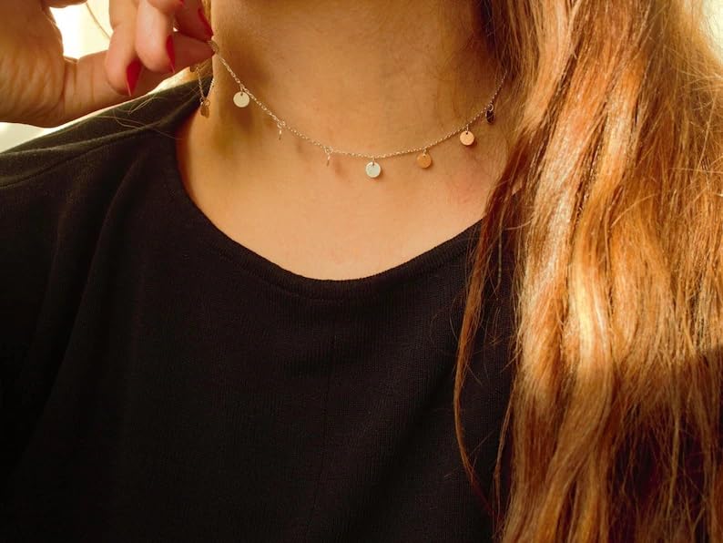 Gold Choker Necklaces 14K Gold Plated/Silver Disc Choker Necklaces Dangling Star Heart Pendant Necklaces Summer Beach Boho Necklaces Aesthetic Necklace Gift for Women - color: Wafer-Silver