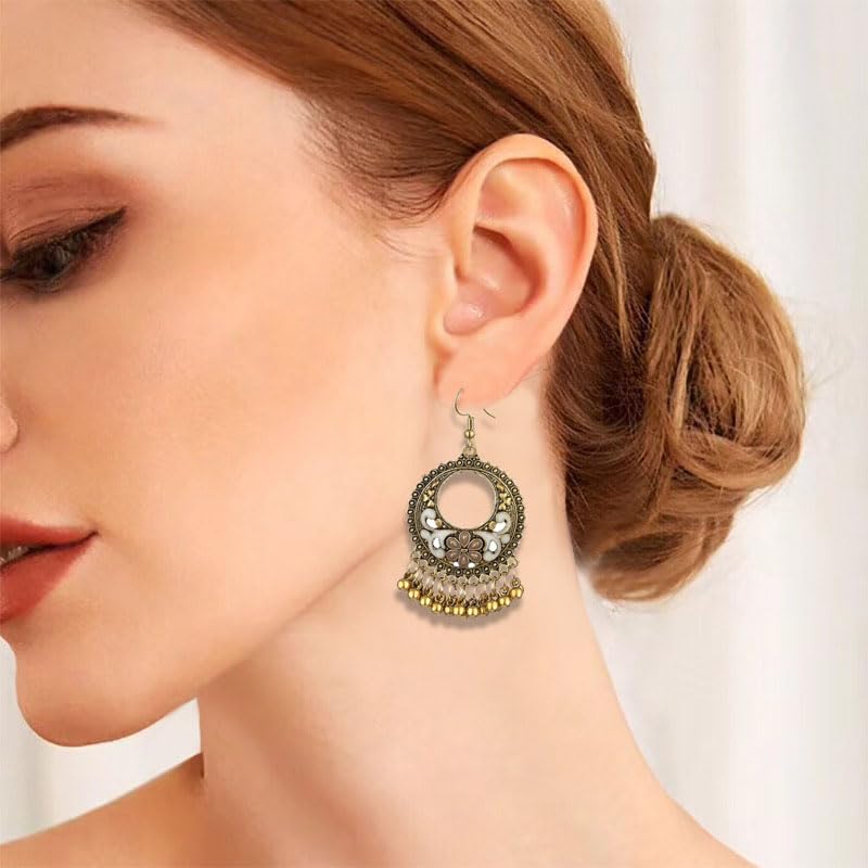 Vintage Boho Statement Drop Dangle Earrings for Women Bohemian Ethnic Handmade Beaded Charms Earring Bohemian Retro Chandelier Tassel Earrings Mexico Gypsy Jewelry Gift - color: O-Gold-White