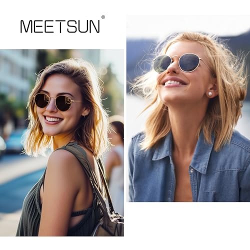 MEETSUN Round Polarized Sunglasses for Women Men Classic Retro Metal Frame Sun Glasses UV Protection - color: (2 Pack) Gold/Grey + Gold/Dark Green