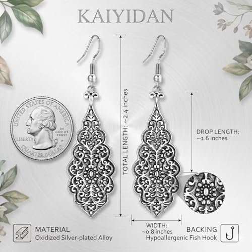 Silver Dangle Earrings For Women Trendy,Boho Cute Drop Western Earings,Vintage Gothic Ethnic Statement Beach Vacation Long Earrings with Leaf Teardrop Turquoise Crystal Tassels,Fashion Jewelry Birthday Gift. - color: A12) Retro Floral Carved Dangle