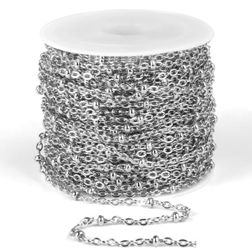 33 Feet Stainless Steel Satellite Chain Bulk, 2mm 304 Stainless Steel Chain Flat Cable Link Beaded Satellite Chains Bulk for Jewelry Making DIY Craft - color: Stainless Steel Small Beads Satellite Cable Chain