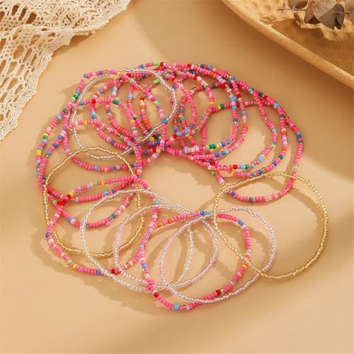 Fuqimanman2020 18Pcs Boho Stackable Beaded Bracelets for Women Colorful Handmade Multilayered Rice Beads Anklets Set Summer Beach Bohemian Jewelry Gift - color: Style 1 Pink A