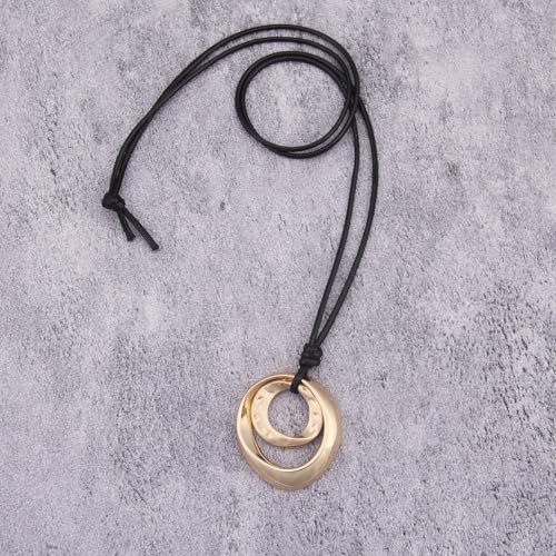 GelConnie Leather Necklace for Women Round Wooden Pendant Long Leather Choker Vintage Sweater Necklace Gold Chunky Boho Necklaces for Women - style: Boho Sweater Necklace