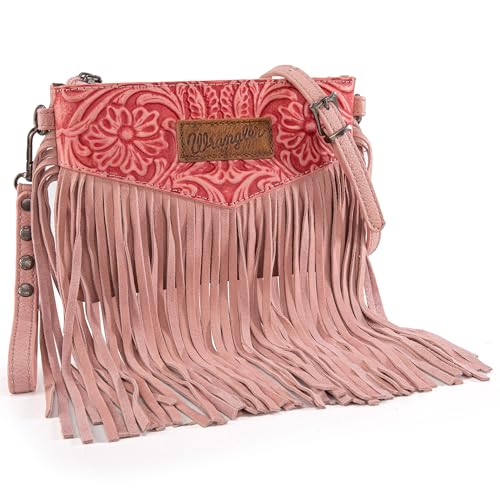 Wrangler Crossbody Small Purse for Women Wristlet Fringe Bag Western Purse - color: Angel Peach