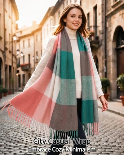Loritta Womens Scarf Fashion Long Plaid Shawls Wraps Big Grid Winter Warm Lattice Large Scarves Gifts - color: B-pink Green Lattice