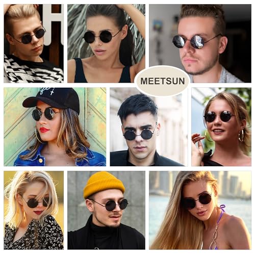 MEETSUN Small Round Polarized Sunglasses for Men Women Metal Retro Hippie Circle Sun Glasses Driving Festival Cosplay UV400 - color: Black / Grey