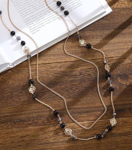 FULU AUTUMN Boho Gold Long Necklaces for Women Natural Stone Beaded Layered Long Necklace Mothers Day Gifts Dainty Flower Costume Jewelry for Women - color: Black