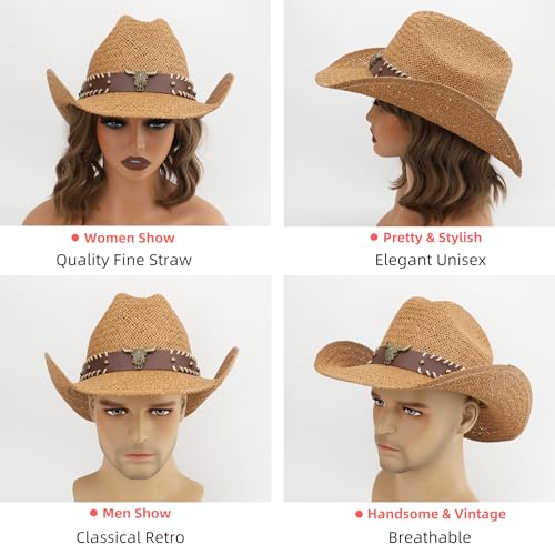 Straw Cowboy Hat, Western Cowgirl Hat, Wide Brim Sun Beach Hat for Men and Women - color: Khaki-m22