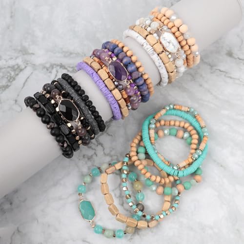 RIAH FASHION Bohemian Beaded Multi Layer Versatile Statement Bracelets - Natural Stone Wood Rondelle Bead Mix Stretch Bangles - color: Purple