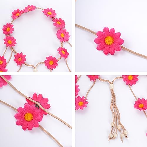 Sucrain 2pcs Flower Hippie Headband Floral Crown Summer Sunflower Hair Accessories for 70 s Bohemian Costumes Style for Women(Rose Red + Purple White) - color: Rose Red + Purple White