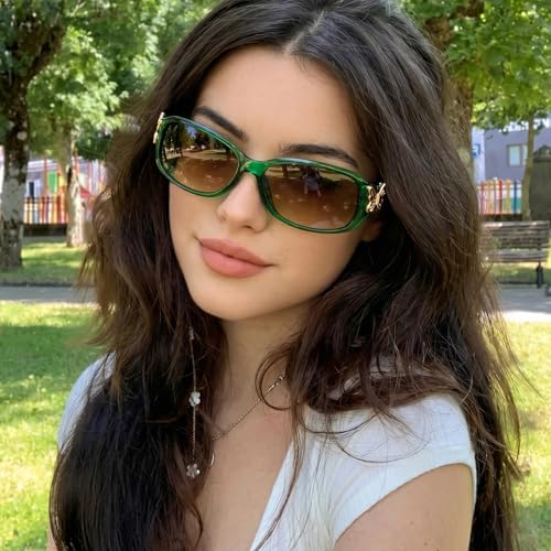 TJUTR Polarized Sunglasses for Women with Wrap Around Butterfly Design, Trendy Jackie-O Style for UV400 Protection - color: A73 Emerald Frame Gradient Brown Lenses