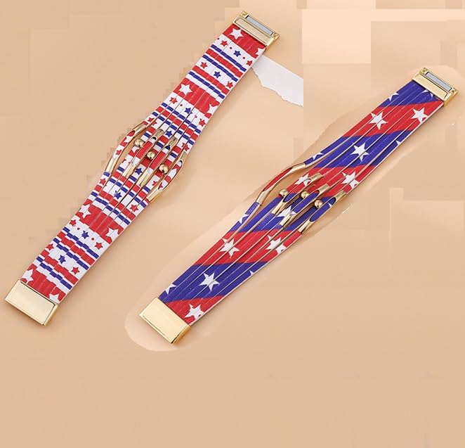 Leather Wrap Cuff Bracelets 4th of July America Patriotic Flag Wristbands Gold Tube Bangle Red White Blue Star Stackable Multi Strand Bracelets Bohemian Holiday Jewelry for Women Teen Girls