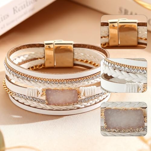Long tiantian Leather Wrap Bracelets Boho Bracelets for Women Rhinestone Leather Bangles Boho Western Outfit Accessories Jewelry Gifts - color: white