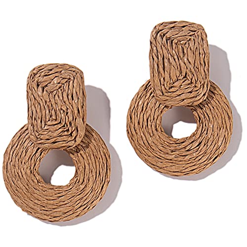 Statement Raffia Earrings Cute Boho Earrings Rattan Dangle Earrings Handmade Straw Wrap Earrings Summer Drop Dangling Earrings for Women Teen Girls - color: Wheat