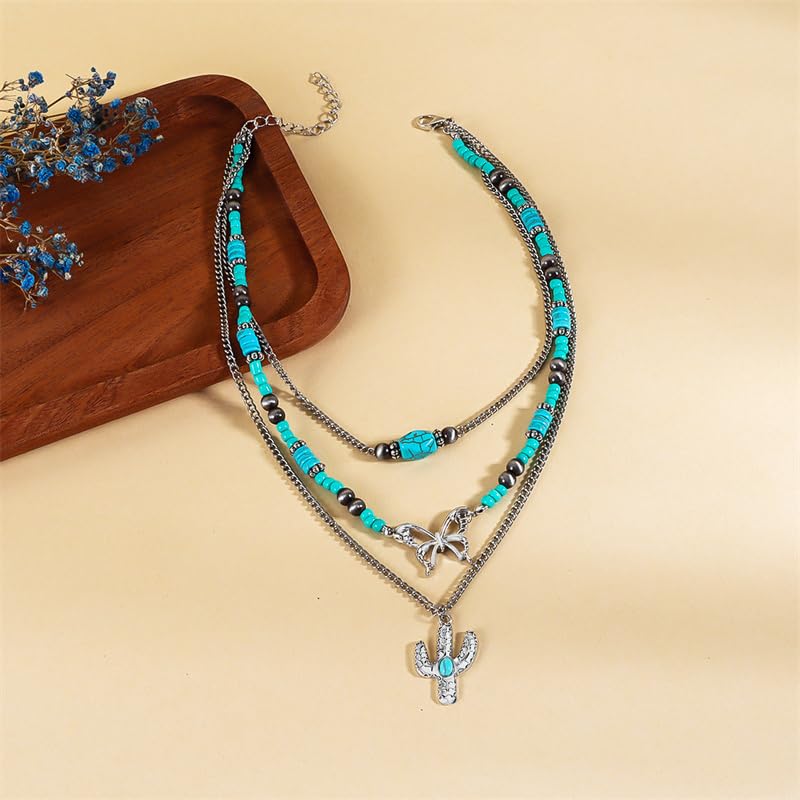 Pingyongchang Boho Layered Western Turquoise Necklaces for Women Vintage Stone Beaded Chokers Butterfly Catus Chain Country Concert Cowgirl Cowboy Jewelry Holiday Gifts - style: D Catus