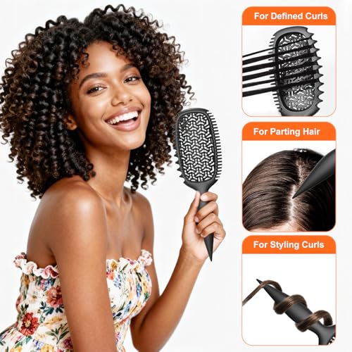 Curl Defining Brush for Thick Coily Hair, Firm-Bristle TPEE Detangling Brush for Coarse 4A–4C Curls, Dual-Sided Wide & Narrow Tooth Brush for Wet & Dry Curl Shaping– Women & Men (2054-Matte Black) - color: 2054-Matte Black
