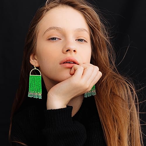 Bohemia Beaded Dangle Earrings - Handmade Seed Bead Earrings, Statement Beaded Tassel Earrings for Women - color: Dark Green