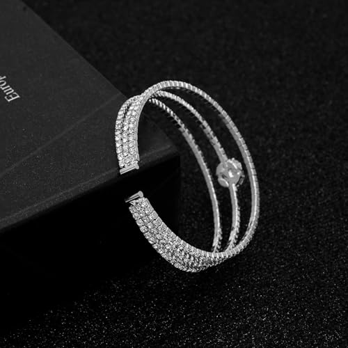 Women's Multi-Layer Rhinestone Cuff Bracelet Sparkling Crystal Tennis Bangle for Bridal Wedding Party - color: 1266 Silver