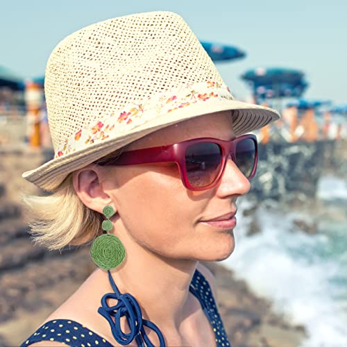Boho Raffia Ball Earrings for Women, Handmade Statement Drop Earrings Straw Dangle Earrings Beach Vacation Jewelry - color: Matcha green
