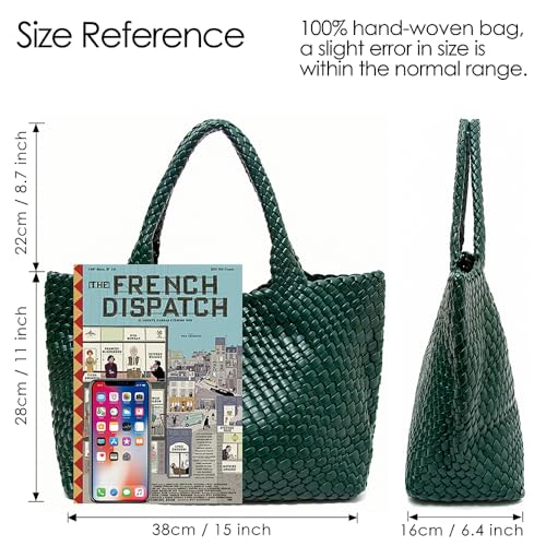 Handmade Woven Tote Bag for Women, Soft Vegan Leather Shoulder Bag with Purse, Large Travel Handbag - color: Dark Green