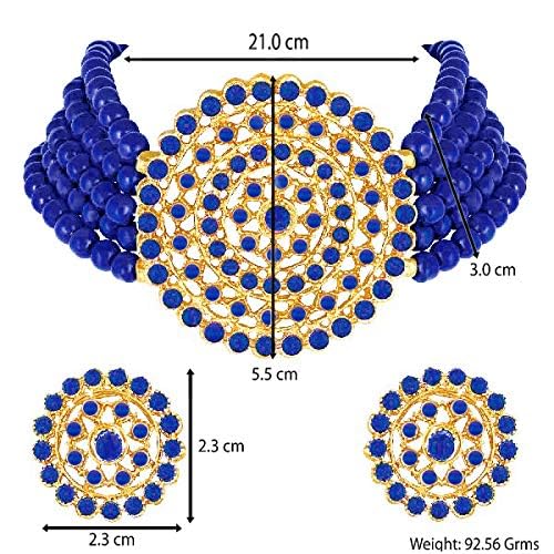 Aheli Pearl Diamond Choker Necklace & Round Earrings Gift for Women Indian Traditional Bollywood Fashion Bharatanatyam jewellery set - color: Blue