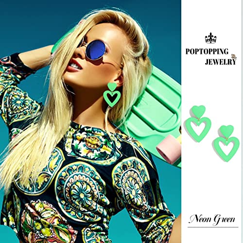 Double Heart Earrings Dangling Heart Drop Earrings For Women Love Heart Dangle Earrings Birthday Gift - color: Neon Green