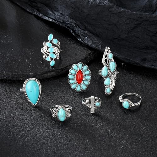 Bohemian Turquoise Ring for Women Stackable Vintage Chunky Boho Turquoise Ring Set Dainty Open Gemstone Knuckle Midi Finger Rings Western Statement Rings Jewelry - style: red seven