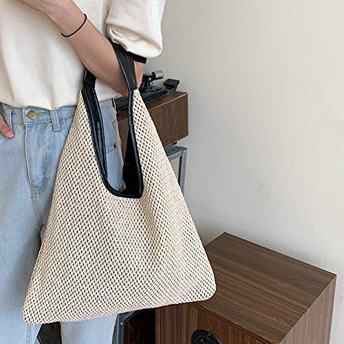 Hand-woven Straw Shoulder Bag Boho Black Leather Top Handle Tote Retro Summer Beach Bag Holiday Travel Handbag - color: White