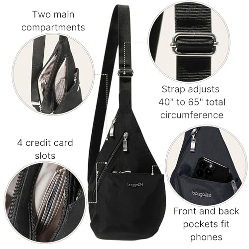 Baggallini Mini Sling - 12x7 Sling Crossbody Bag Backpack with Adjustable Shoulder Strap - color: Black/Sand
