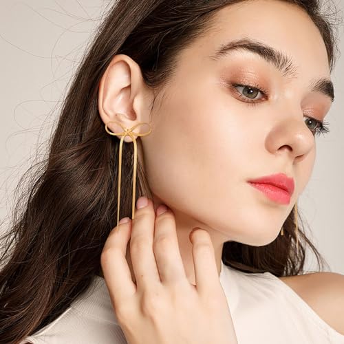 Gold Silver Bow Drop Earrings for Women Long Tassel Chain Bow Earrings Ribbon Bowknot Dangle Earrings Jewelry Gifts - color: Gold Bow A